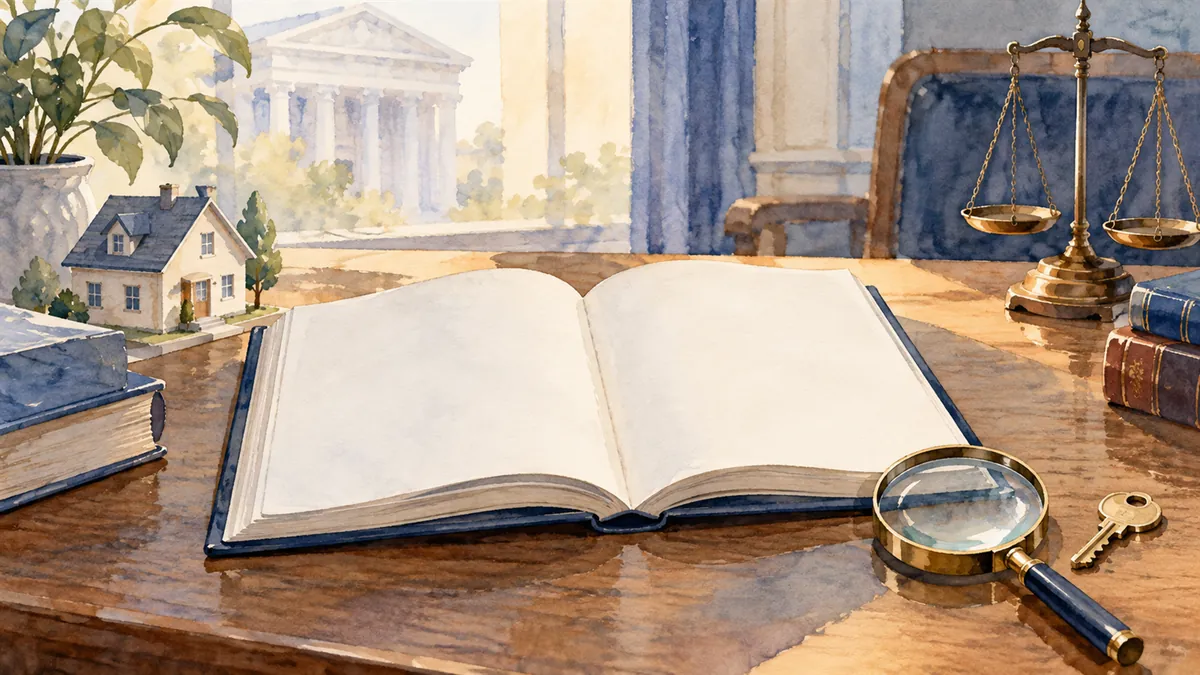 Раскрытая книга, лупа, ключ и модель дома на столе управляющего