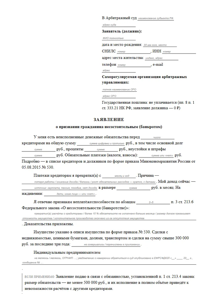 Первая страница образца: Заявление о признании гражданина банкротом